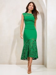 Lipsy Green Floral Lace Mix Fit And Flare Midi Dress - Image 1 of 4