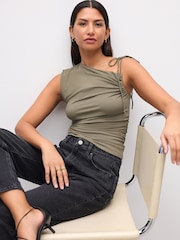 Olive Green Soft Touch Polyamide Ruched Sleeveless Top - Image 2 of 6
