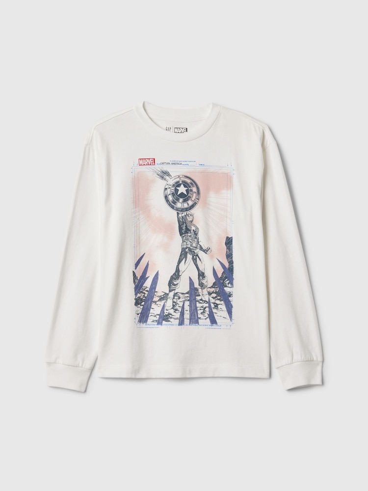 Gap White Captain America Marvel Graphic Long Sleeve T-Shirt (4-13yrs) - Image 1 of 3 Gap White Captain America Marvel Graphic Long Sleeve T-Shirt (4-13yrs) - Image 1 of 3