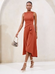 Lipsy Rust Wrap Metal Trim Fit And Flare Midi Dress - Image 1 of 4