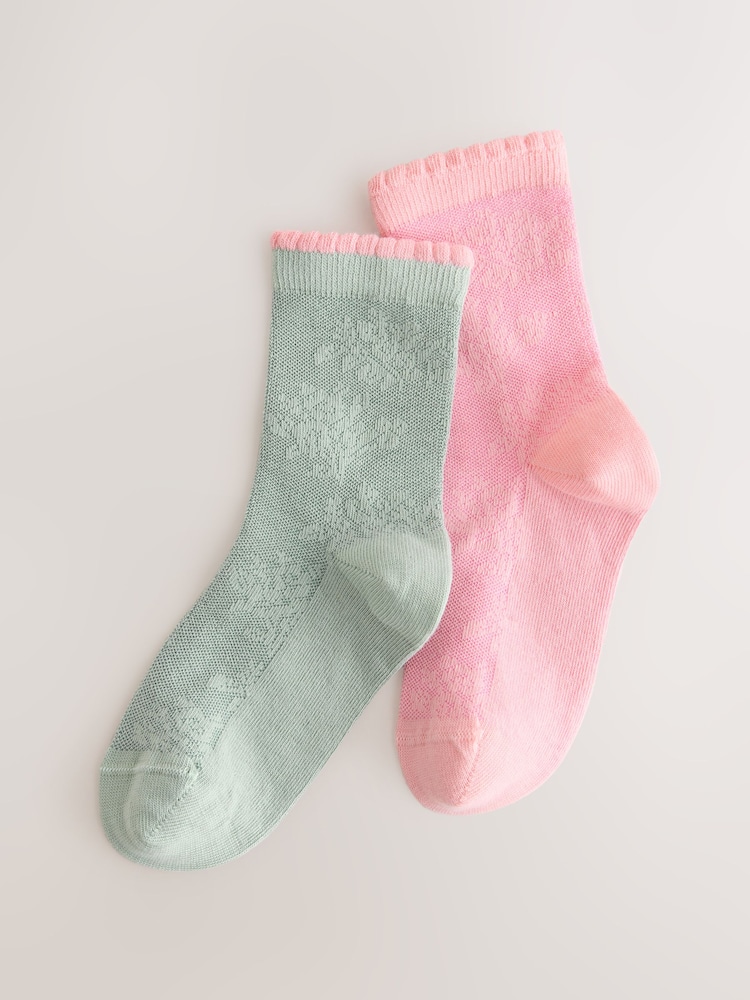 Pink/Green Cotton Rich Lace Patterned Ankle Socks 2 Pack - Image 1 of 3