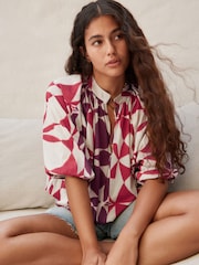 Red/Ecru Geo 100% Cotton Volume Sleeve V-Neck Blouse - Image 1 of 9