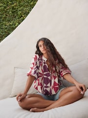 Red/Ecru Geo 100% Cotton Volume Sleeve V-Neck Blouse - Image 2 of 9