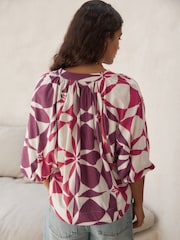 Red/Ecru Geo 100% Cotton Volume Sleeve V-Neck Blouse - Image 3 of 9
