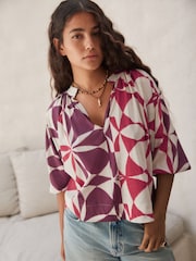 Red/Ecru Geo 100% Cotton Volume Sleeve V-Neck Blouse - Image 4 of 9