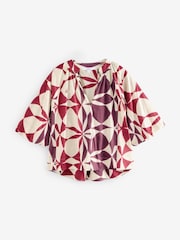 Red/Ecru Geo 100% Cotton Volume Sleeve V-Neck Blouse - Image 7 of 9