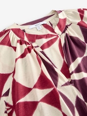 Red/Ecru Geo 100% Cotton Volume Sleeve V-Neck Blouse - Image 9 of 9