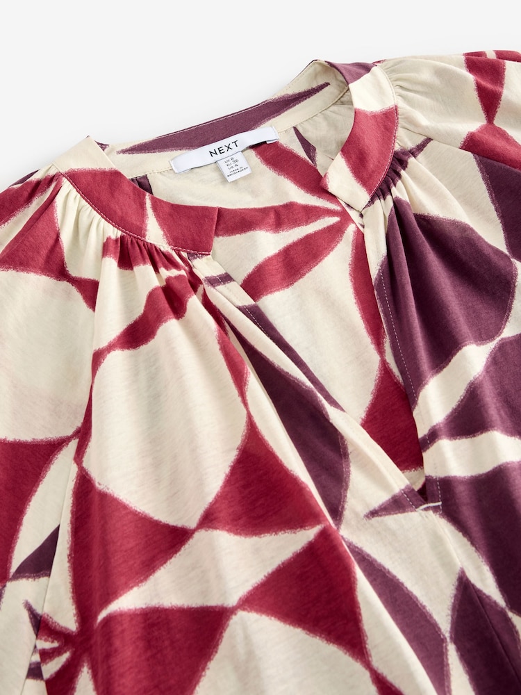Red/Ecru Geo 100% Cotton Volume Sleeve V-Neck Blouse - Image 9 of 9