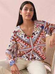Multi Tile Print Long Sleeve V-Neck Jersey Blouse - Image 1 of 9
