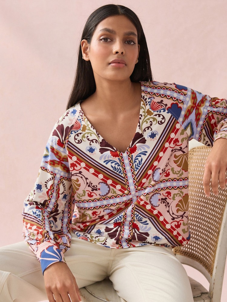 Multi Tile Print Long Sleeve V-Neck Jersey Blouse - Image 1 of 9