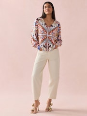 Multi Tile Print Long Sleeve V-Neck Jersey Blouse - Image 2 of 9