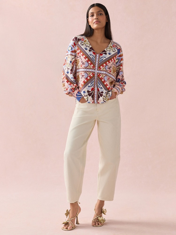 Multi Tile Print Long Sleeve V-Neck Jersey Blouse - Image 2 of 9
