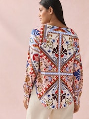 Multi Tile Print Long Sleeve V-Neck Jersey Blouse - Image 3 of 9