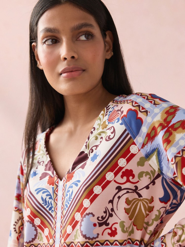 Multi Tile Print Long Sleeve V-Neck Jersey Blouse - Image 5 of 9