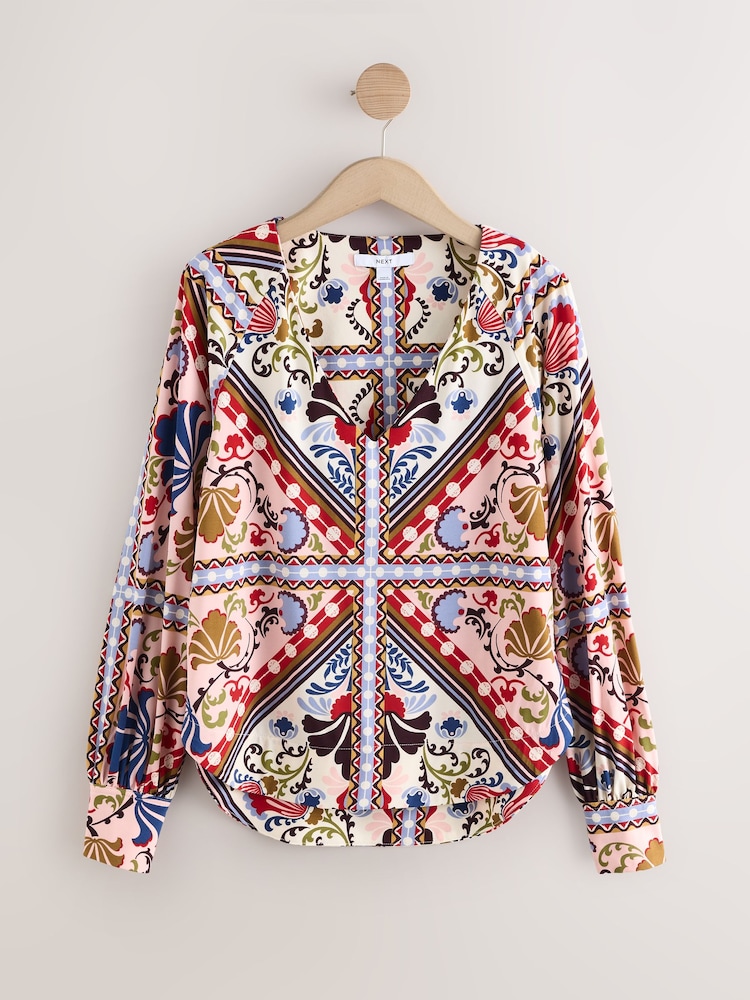 Multi Tile Print Long Sleeve V-Neck Jersey Blouse - Image 6 of 9