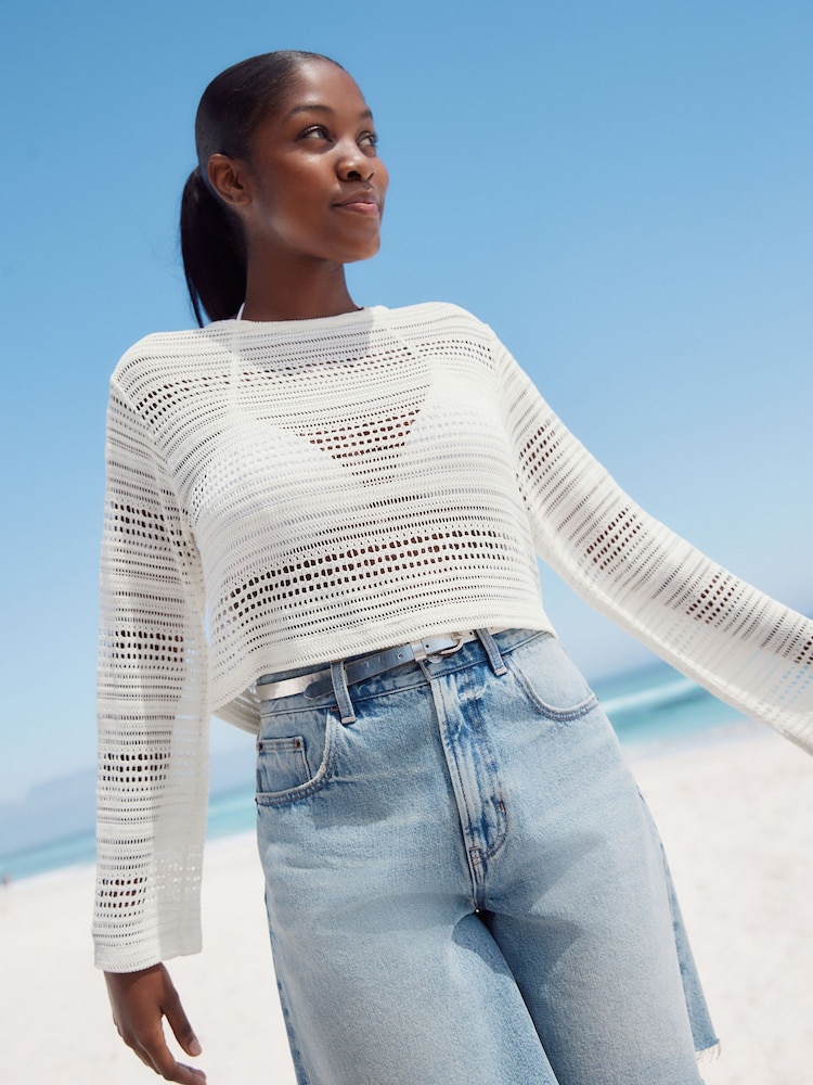 Ecru Crochet Lightweight Long Sleeve Top - Image 1 of 7