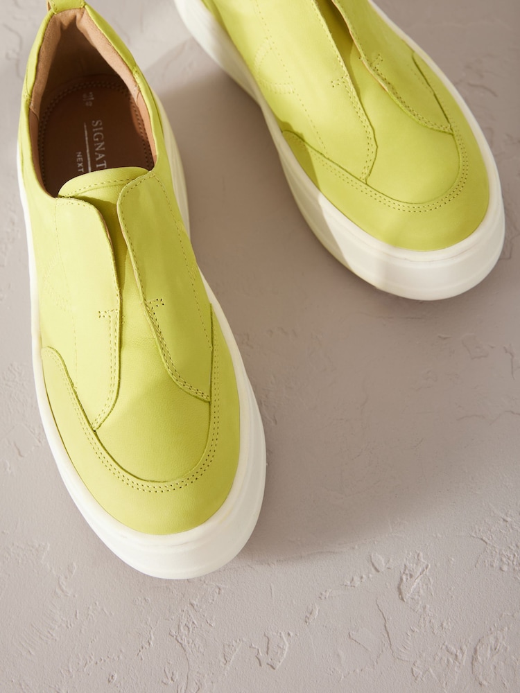 Lime Green Slip On Signature Forever Comfort® Leather Chunky Wedge Platform Trainers - Image 4 of 5