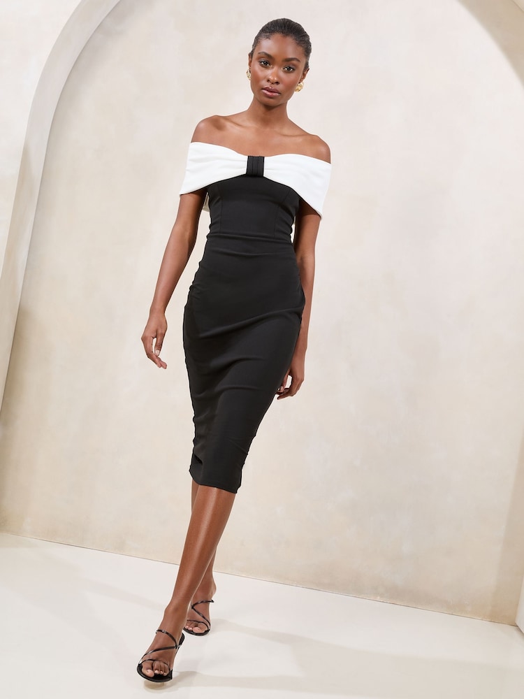 Lipsy Black Twist Front Bardot Bodycon Midi Dress - Image 1 of 5