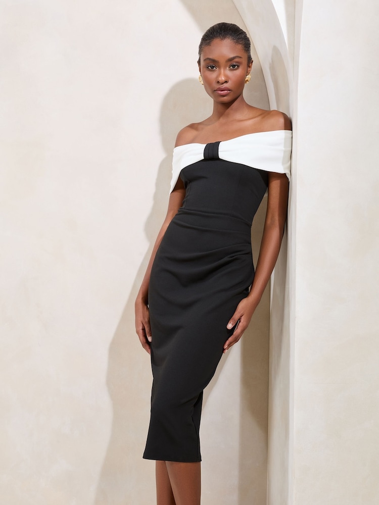 Lipsy Black Twist Front Bardot Bodycon Midi Dress - Image 5 of 5