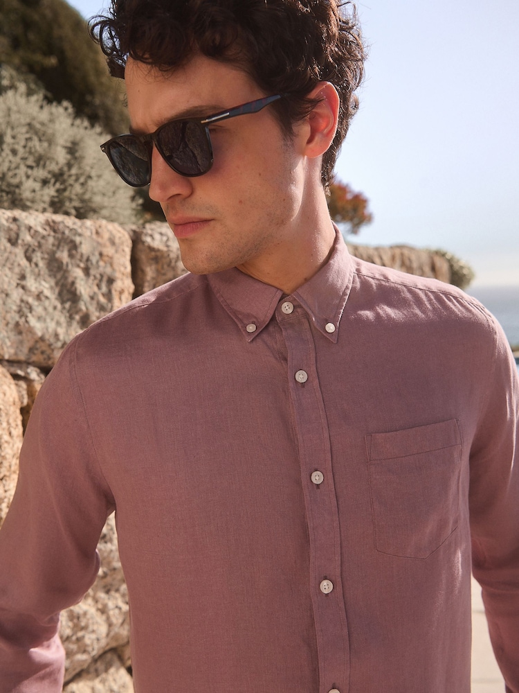 Mauve Purple Signature 100% Linen Long Sleeve Shirt - Image 4 of 8