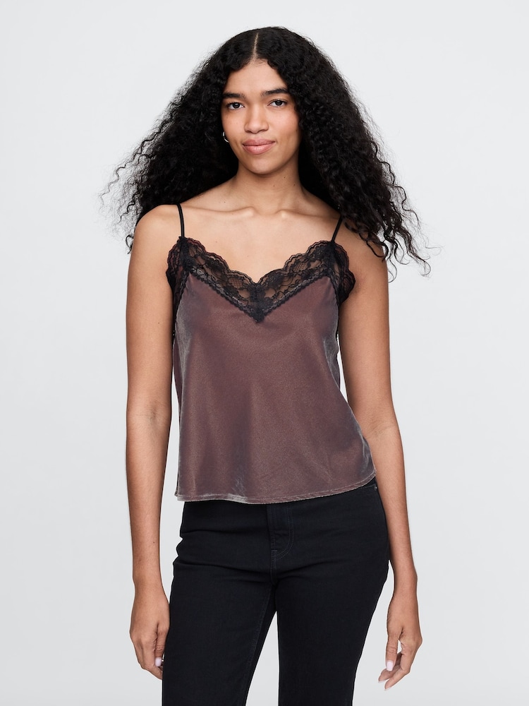 Gap Brown V-Neck Velvet Lace-Trim Cami Top - Image 1 of 5