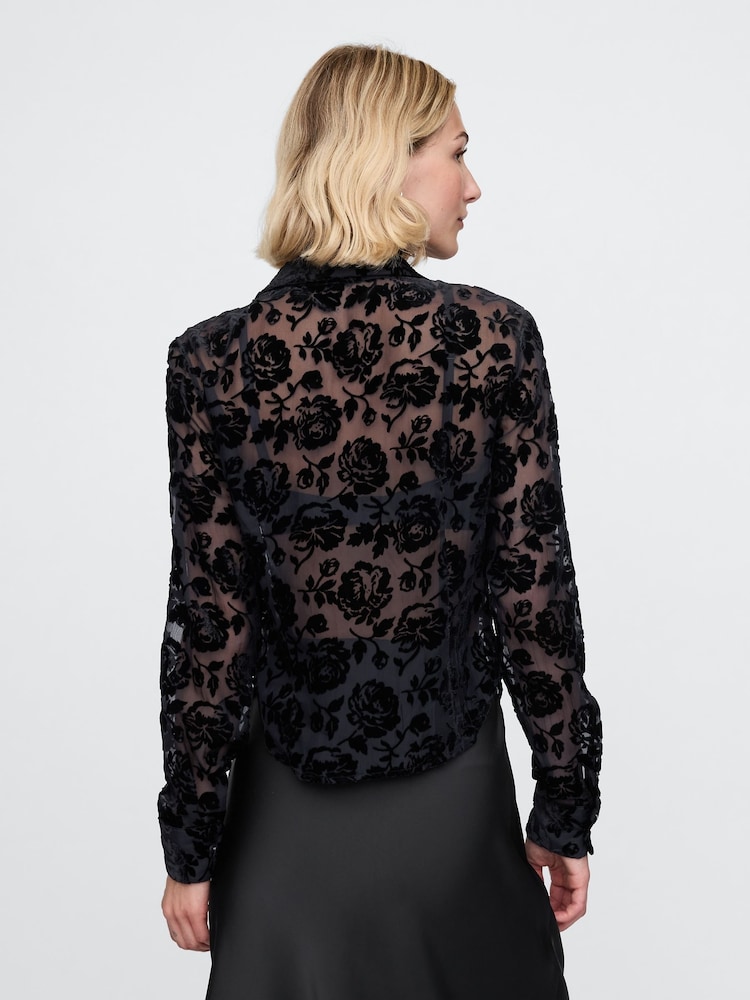 Gap Black Floral Long Sleeved Cropped Velvet Shirt - Image 2 of 5
