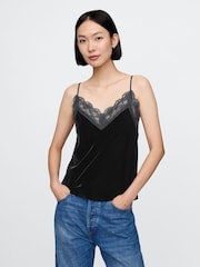 Gap Black V-Neck Velvet Lace-Trim Cami Top - Image 1 of 8