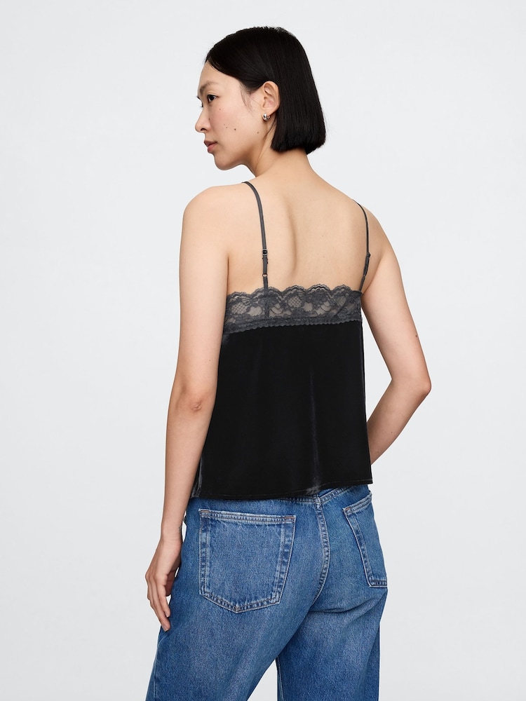 Gap Black V-Neck Velvet Lace-Trim Cami Top - Image 2 of 8 Gap Black V-Neck Velvet Lace-Trim Cami Top - Image 2 of 8