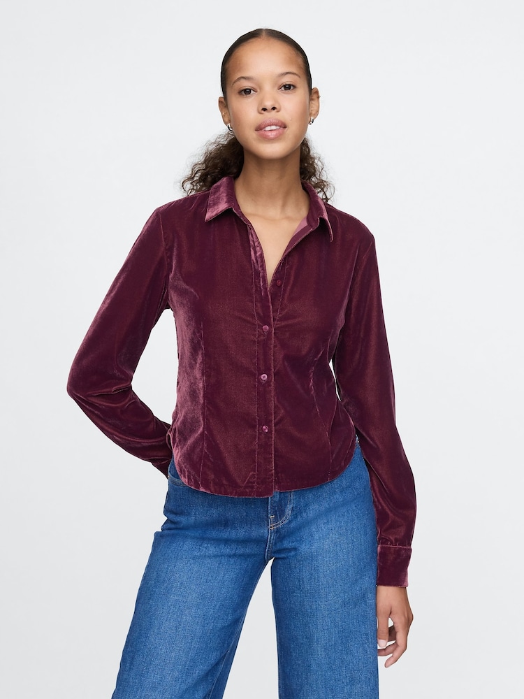 Gap Red Long Sleeved Cropped Velvet Shirt - Image 1 of 4 Gap Red Long Sleeved Cropped Velvet Shirt - Image 1 of 4