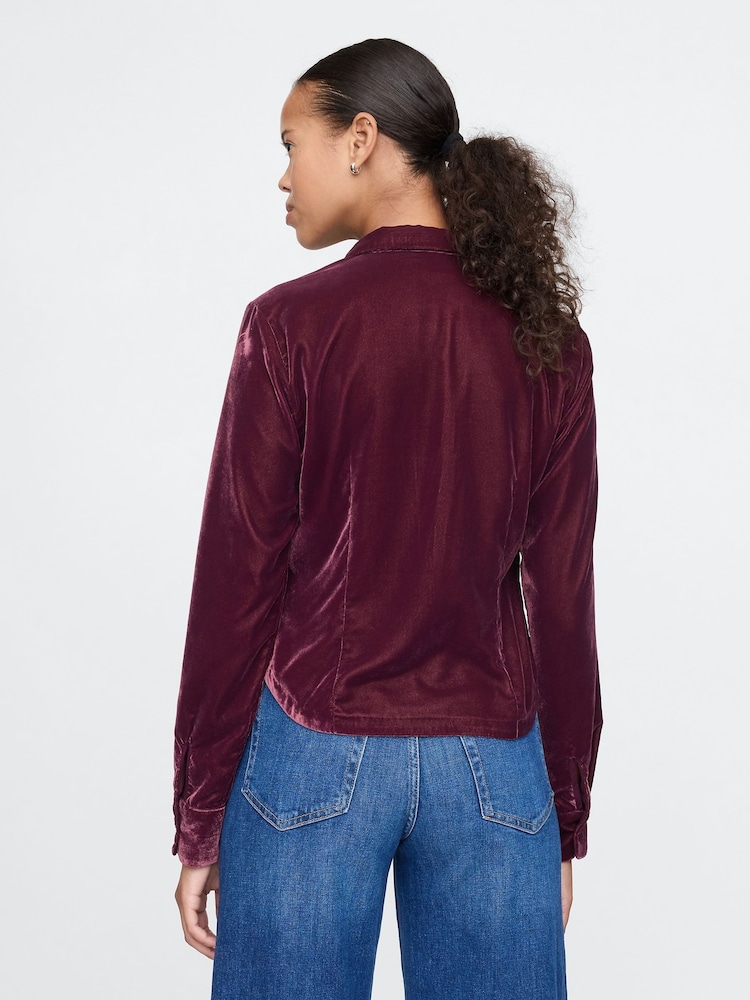 Gap Red Long Sleeved Cropped Velvet Shirt - Image 2 of 4 Gap Red Long Sleeved Cropped Velvet Shirt - Image 2 of 4