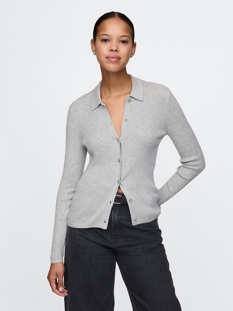 Gap Grey CashSoft Rib Polo Cardigan - Image 1 of 5