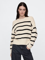 Gap Cream/Navy Blue Stripe Cotton Crew Neck Jumper - Image 1 of 5