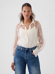 Gap White Sheer Lace Classic Shirt - Image 1 of 5