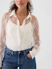Gap White Sheer Lace Classic Shirt - Image 4 of 5