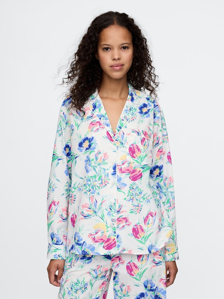 Gap White/Blue Floral Long Sleeve Poplin Pyjama Shirt - Image 1 of 5 Gap White/Blue Floral Long Sleeve Poplin Pyjama Shirt - Image 1 of 5