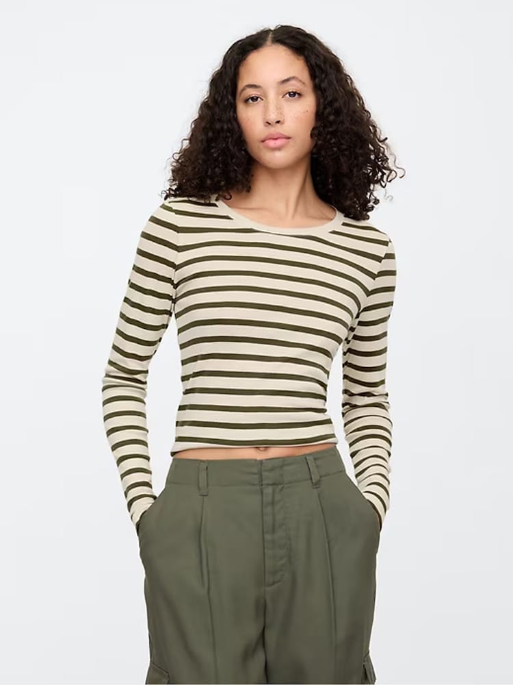 Crema de rayas - Camiseta de manga larga con cuello redondo en algodón modal Favoritos de Gap - Imagen 1 de 6