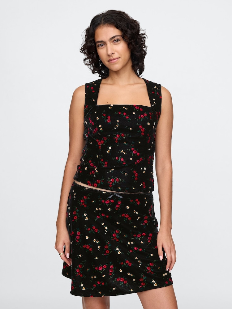 Gap Black Floral Velvet Square-Neck Cropped Top - Image 1 of 5