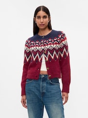 Gap Red Brushed Fair Isle Cropped Cardigan - Image 1 of 5