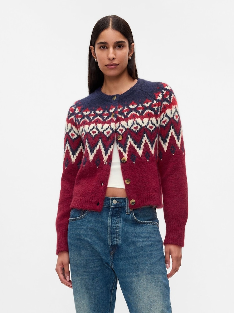 Gap Red Brushed Fair Isle Cropped Cardigan - Image 1 of 5