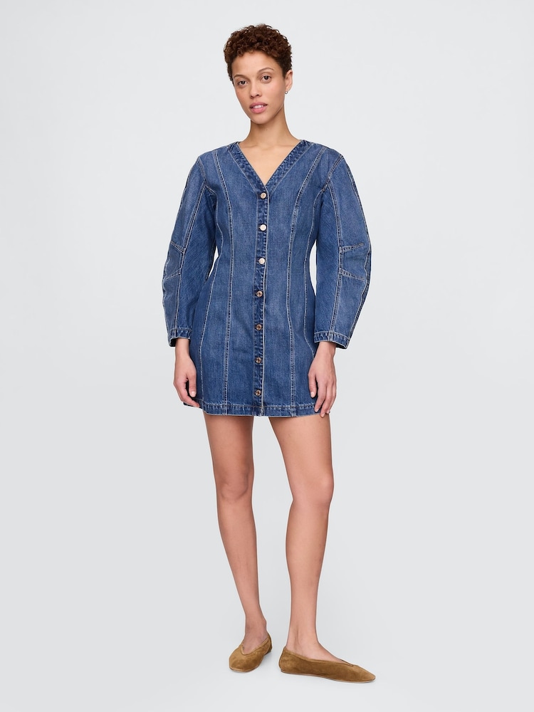 Gap Blue Barrel-Sleeve Denim Mini Shirt Dress - Image 1 of 8
