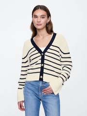 Gap Cream & Black Stripe 100% Cotton V-Neck Cardigan - Image 1 of 5