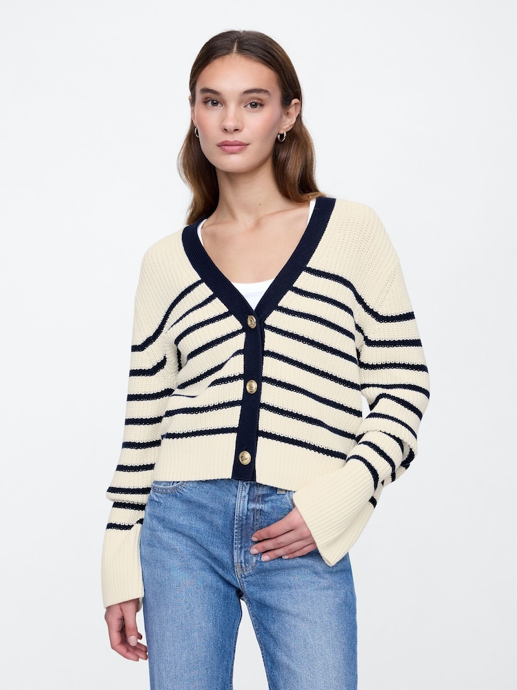 Gap Cream & Black Stripe 100% Cotton V-Neck Cardigan - Image 1 of 5