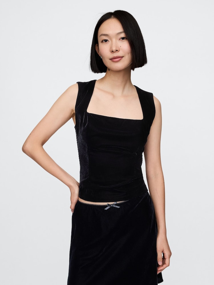 Gap Black Velvet Square-Neck Cropped Top - Image 1 of 5