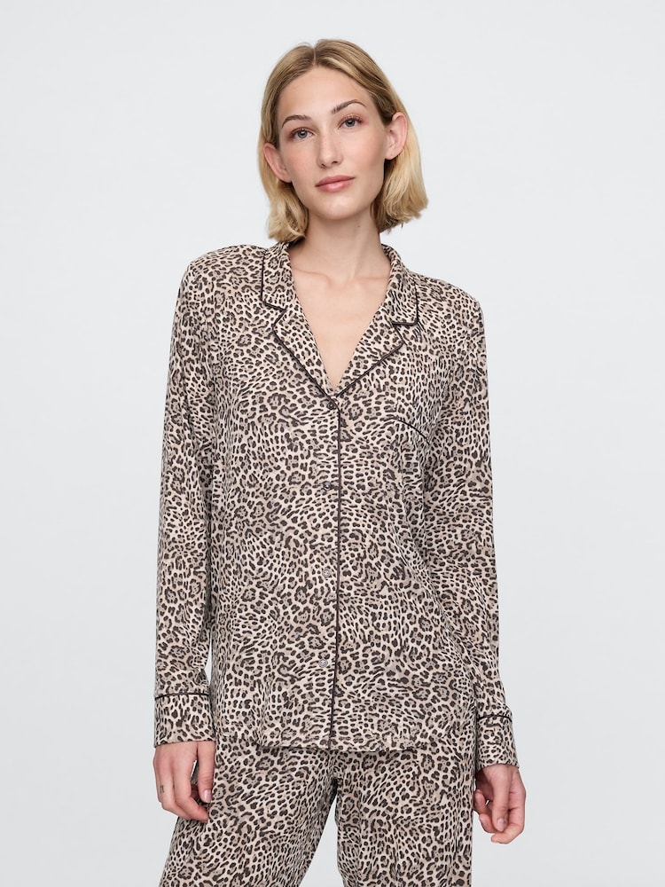 Gap Brown Leopard Print Long Sleeve Modal Pyjama Shirt - Image 1 of 5
