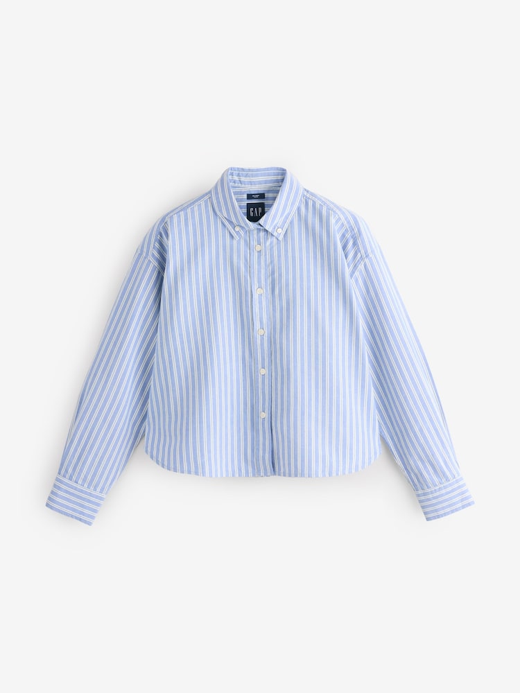 Gap Blue Stripe Poplin Cropped Oversized Shirt - Image 1 of 4 Gap Blue Stripe Poplin Cropped Oversized Shirt - Image 1 of 4