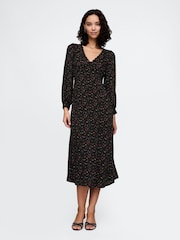 Gap Black Floral Satin Empire Midi Dress - Image 1 of 5