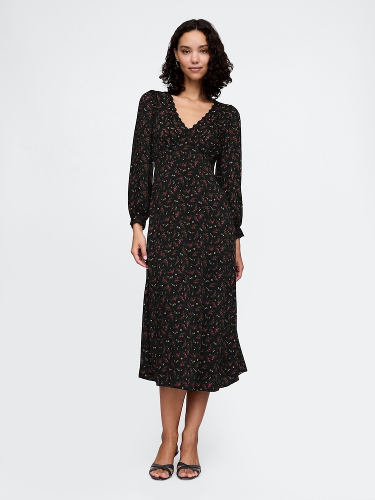 Gap Black Floral Satin Empire Midi Dress - Image 1 of 5