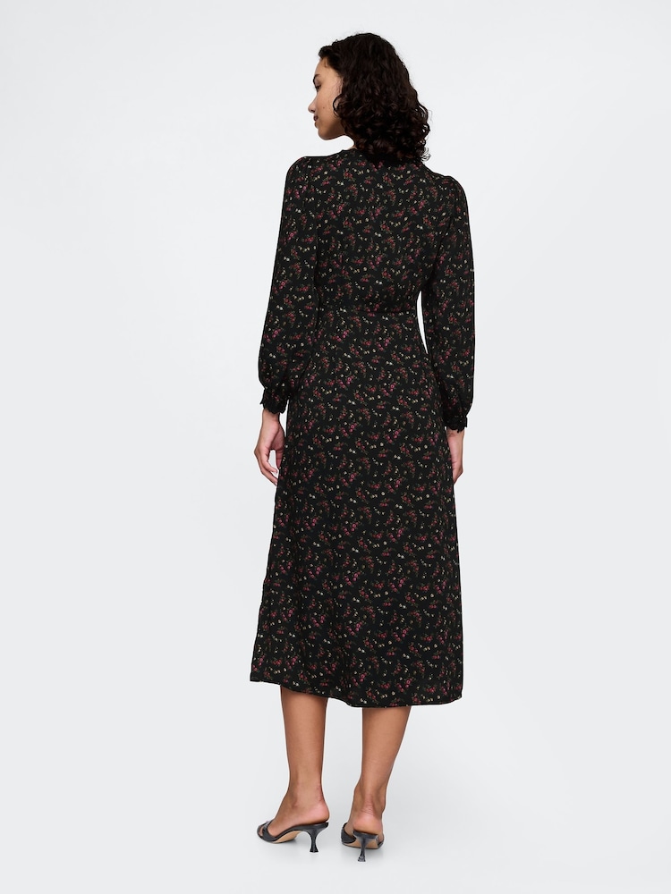 Gap Black Floral Satin Empire Midi Dress - Image 2 of 5