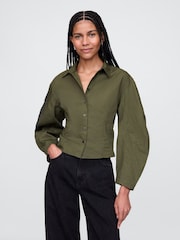 Gap Green Organic Cotton Poplin Barrel Sleeve Cropped Shirt - Image 1 of 7
