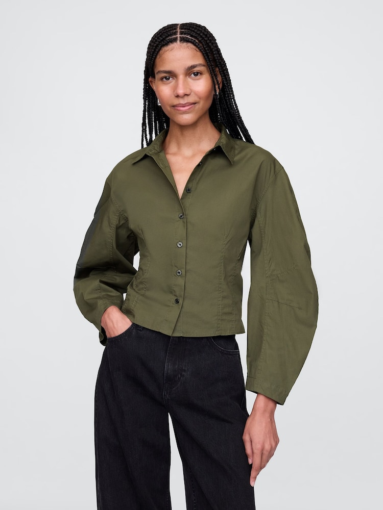 Gap Green Organic Cotton Poplin Barrel Sleeve Cropped Shirt - Image 1 of 7